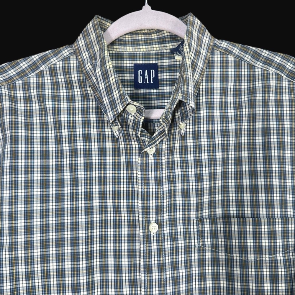 Gap Vintage Mens Plaid Button Down Shirt Medium Blue White Yellow Long Sleeve